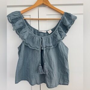 Shabby Chic Dusty Blue Ruffle Tassel Eyelet Blouse